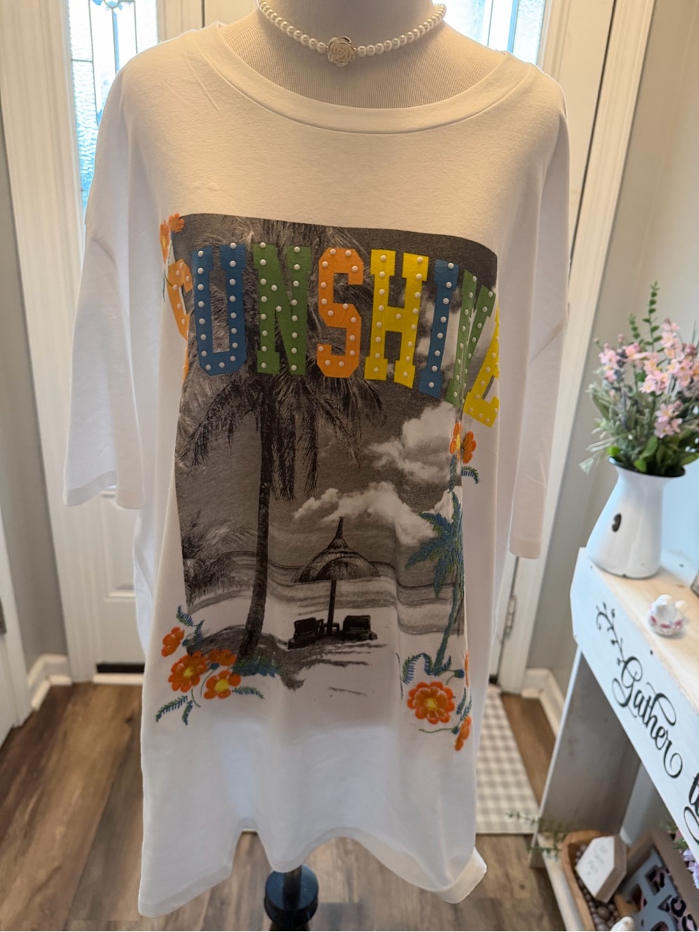 Women’s White Graphic Tee with Tropical Print